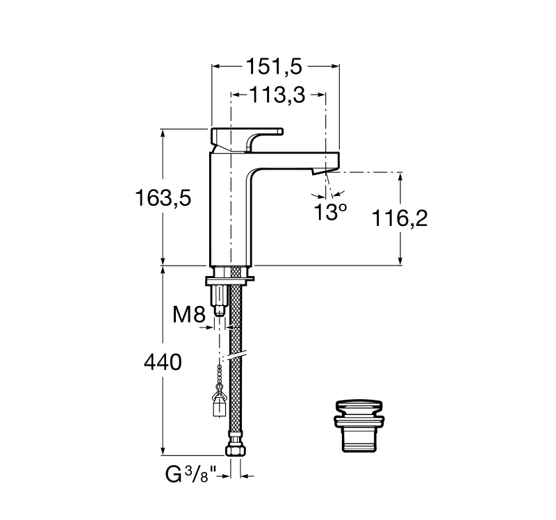 Medidas del grifo para lavabo con desagüe click-clack L-90 - ROCA